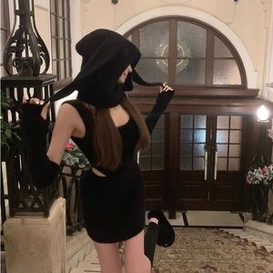 Bunny Black Hooded Knit Mini Dress XS